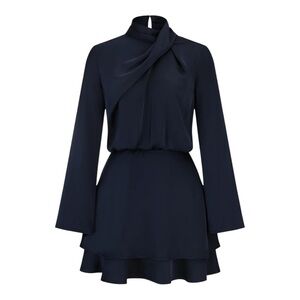 Commense Navy Satin Cross Neck Tiered Mini Dress  Cocktail Party Medium NWT